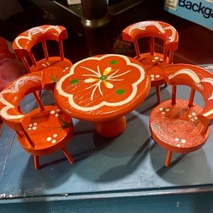 Vntg Hand Painted Orange Table and Chair Set